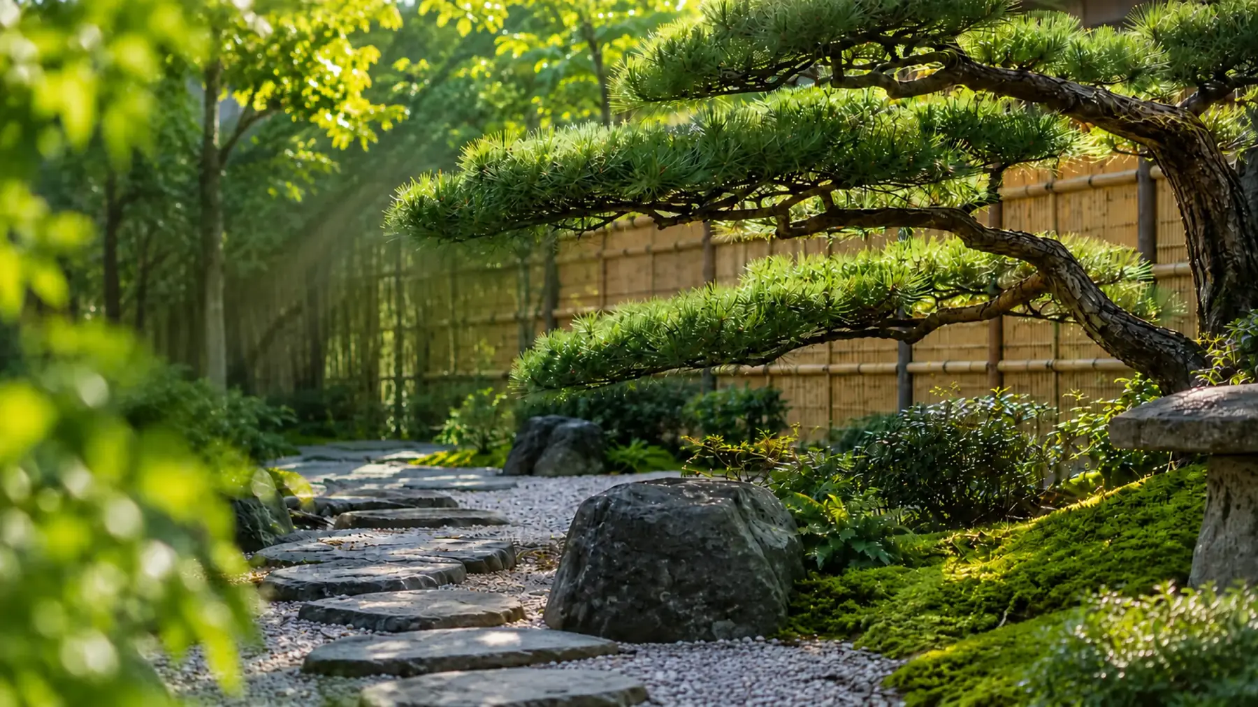 朝の光が差し込む日本庭園。飛石の通路と、手入れされた黒松