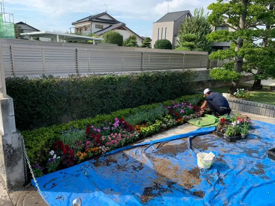 住まいの花壇に、しゃがんで一株ずつ草花を植えているところ